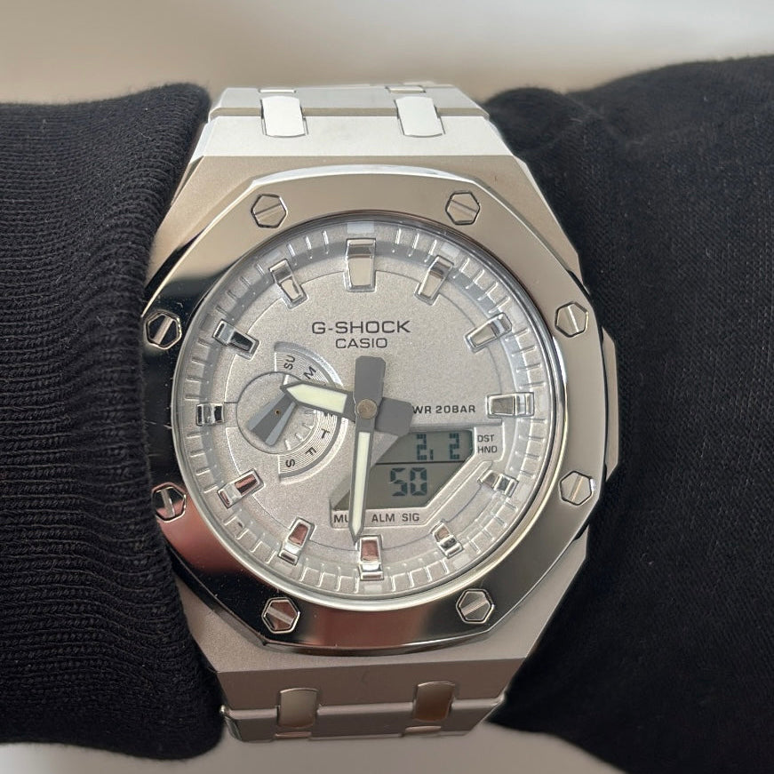Custom GA-2100 Silver Full Metal Strap